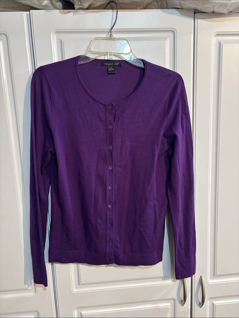 august silk Deep Purple Button-Front Crewneck Cardigan. Matching shell avail.